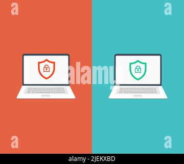 Informativa sulla privacy sul design del logo dello schermo del notebook. Accesso all'account, browser, protezione dei dati, progettazione e illustrazione di vettori di archiviazione cloud. Illustrazione Vettoriale