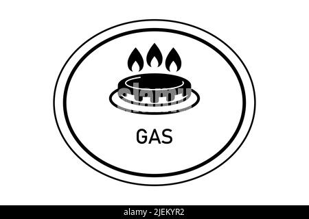 Gas, stufa a gas, icone di marcatura Cookware. Per designare una superficie, un rivestimento. Illustrazione vettoriale isolata su sfondo bianco, linea bianca e nera Illustrazione Vettoriale