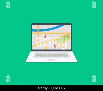 Navigazione GPS o percorso con simbolo di check-in sullo schermo del logo del notebook. UI pinning, scoperta, geotag, geolocalizzazione turistica. Navigazione GPS. Illustrazione Vettoriale