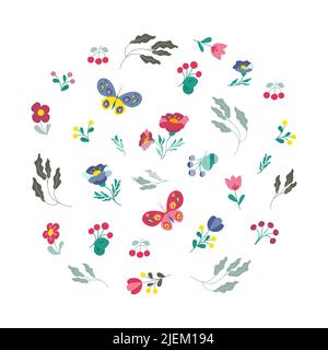 Farfalle colorate e vari fiori set, piante e ramoscelli. Illustrazione vettoriale in stile piatto Illustrazione Vettoriale