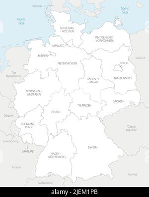 Mappa vettoriale della Germania con stati federati o regioni e divisioni amministrative, e paesi vicini. Livelli modificabili e chiaramente etichettati. Illustrazione Vettoriale