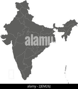 Mappa vettoriale in bianco dell'India con stati e territori e divisioni amministrative. Livelli modificabili e chiaramente etichettati. Illustrazione Vettoriale