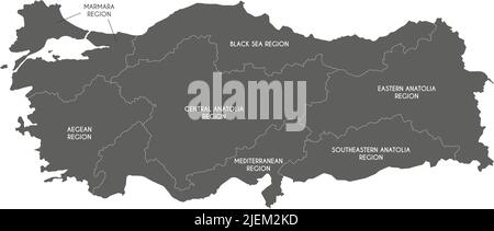 Mappa vettoriale della Turchia con regioni e divisioni geografiche. Livelli modificabili e chiaramente etichettati. Illustrazione Vettoriale