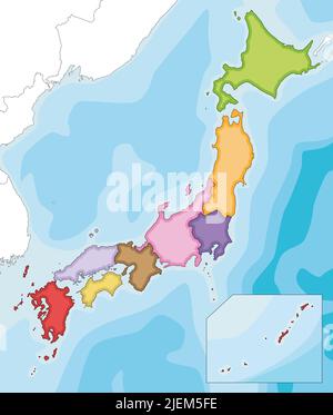 Il vettore ha illustrato una mappa vuota del Giappone con regioni e divisioni amministrative e paesi vicini. Livelli modificabili e chiaramente etichettati. Illustrazione Vettoriale