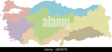 Mappa vettoriale vuota della Turchia con regioni e divisioni geografiche. Livelli modificabili e chiaramente etichettati. Illustrazione Vettoriale