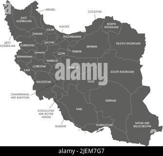 Mappa vettoriale dell'Iran con province e divisioni amministrative. Livelli modificabili e chiaramente etichettati. Illustrazione Vettoriale