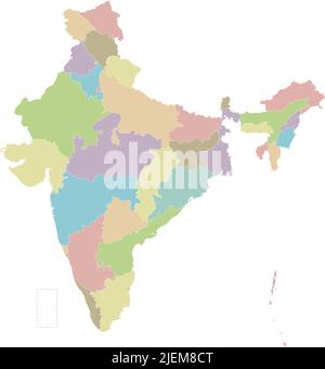 Mappa vettoriale in bianco dell'India con stati e territori e divisioni amministrative. Livelli modificabili e chiaramente etichettati. Illustrazione Vettoriale