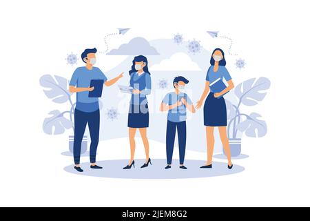 Nuovo Coronavirus (2019-nKoV), le persone in bianco maschera medica comunicare attraverso i social network online. Divieto di contatto, Quarantine coronavirus concetto v Illustrazione Vettoriale