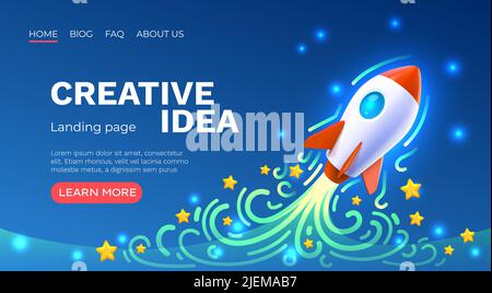 Avvio spazio razzo, copertina idea creativa, pagina di destinazione sito web, illustrazione vettoriale Illustrazione Vettoriale