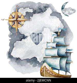 Illustrazione dell'acquerello della navigazione marina. Nave, faro, bussola, nuvole. Trovare un modo. Clipart di navigazione su sfondo bianco Foto Stock