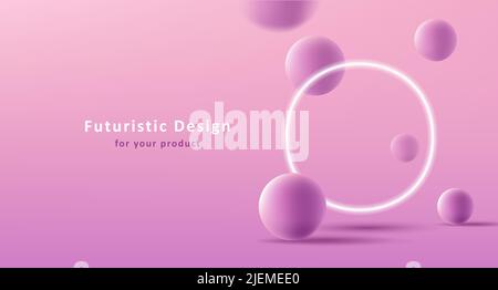 3d sfondo del prodotto con cerchio di neon luminoso e composizione a 3d sfere Illustrazione Vettoriale