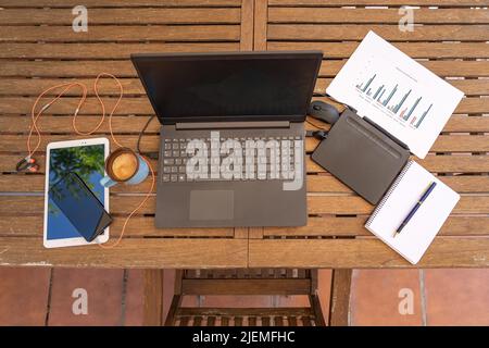 Telelavoro a casa dal giardino con computer portatile e altri gadget. Vista aerea. Foto Stock