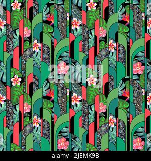 Jungle astratta forma geometrica contemporanea mista arte mediatica senza cuciture pattern. Acquerello tessuto collage moderno disegnato a mano con stampe tropicali. Per f Foto Stock