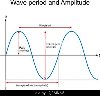 Periodo e ampiezza della forma d'onda. Lunghezza d'onda, picco-picco e ampiezza picco per curva sinusoidale. Fisica. Illustrazione vettoriale per scienza e istruzione Illustrazione Vettoriale