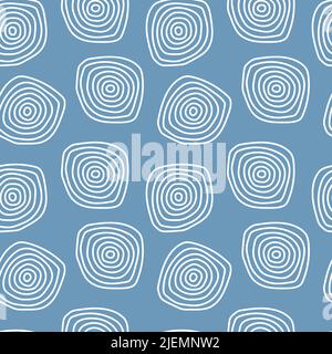Disegno a mano di cerchi concentrici ripetizione senza giunture. Cerchi bianchi su sfondo blu. Illustrazione Vettoriale