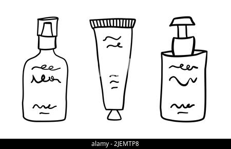 Set di bottiglie cosmetiche dal profilo minimalista disegnato a mano. Tre contenitori dispenser per trucco con silhouette a forma di scarabocchio Illustrazione Vettoriale