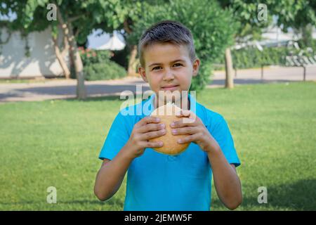 Il ragazzo felice in una t-shirt blu mangia un hamburger all'aperto nel parco. Foto Stock