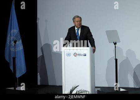 Lisbona, Portogallo. 27th giugno 2022. Il Segretario Generale delle Nazioni Unite, Antonio Guterres, ha pronunciato un discorso per l'apertura della Conferenza delle Nazioni Unite sugli oceani a Lisbona, in Portogallo, il 27 giugno 2022. (Credit Image: © Pedro Fiuza/ZUMA Press Wire) Foto Stock