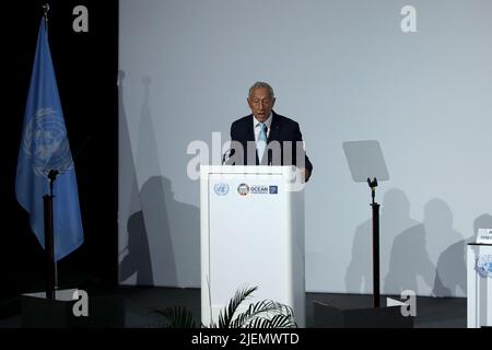 Lisbona, Portogallo. 27th giugno 2022. Il presidente portoghese Marcelo Rebelo de Sousa ha tenuto un discorso durante l'apertura della Conferenza delle Nazioni Unite sugli oceani a Lisbona, in Portogallo, il 27 giugno 2022. (Credit Image: © Pedro Fiuza/ZUMA Press Wire) Foto Stock