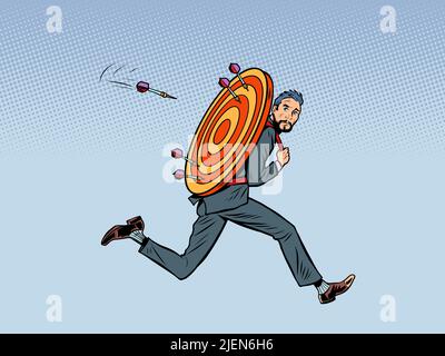 businessman man man man bersaglio corre via bersaglio dart obiettivo precisione concorrenza, sport divertimento e ricreazione. Pop art retro vettore illustrazione comic caricatur Illustrazione Vettoriale