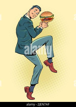 Uomo d'affari in una posa divertente. hamburger whopper nelle mani, cibo di strada. Pop art retrò vettore illustrazione kitsch vintage 50s 60s stile Illustrazione Vettoriale