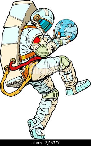 astronauta che tiene in mano il pianeta terra, la scienza ecologica e il tema dell'economia mondiale. uomo in una posa divertente Illustrazione Vettoriale