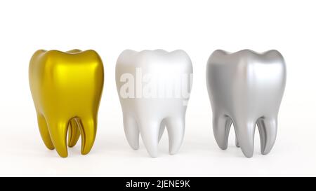 Icona del dente con denti d'oro e ripieni d'amalgama e corone sui denti, concetto dentista per la cura dentale, 3D rendering. Foto Stock