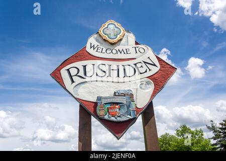 Benvenuto a Rushden Sign, Rushden, Northamptonshire, Inghilterra, Regno Unito Foto Stock