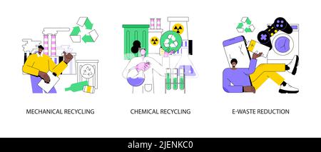 Gestione dei rifiuti concetto astratto vettore illustrazione set. Riciclaggio meccanico e chimico, riduzione dei rifiuti elettronici, smaltimento e utilizzo dei rifiuti, permuta elettronica e riutilizzo della metafora astratta. Illustrazione Vettoriale