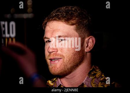 NEW YORK, NY - 27 GIUGNO: Il boxer professionista messicano Canelo Alvarez guarda durante la conferenza stampa Alvarez vs Golovkin 3 al TAO Downtown Restaurant il 27 giugno 2022, a New York City, NY, USA. (Foto di Matt Davies/PxImages) Foto Stock