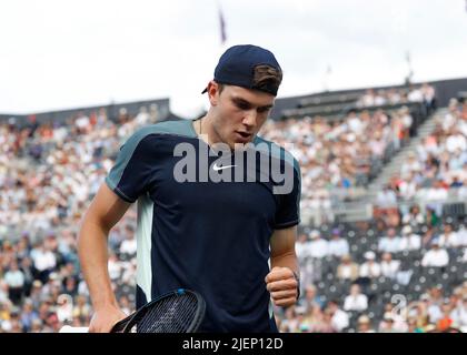 15th giugno 2022; Queens Club, West Kensington, Londra, Inghilterra; Cinch Queens Club ATP Tour Serie 500 Torneo di tennis sul prato; Jack Draper (GBR) Foto Stock