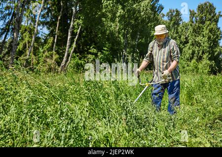 Un uomo falcia l'erba nel campo con un trimmer. Concetto di cura del cortile. Vista frontale. Foto Stock