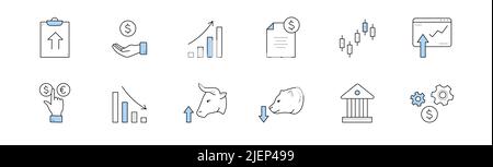 Icone del doodle del mercato azionario, insieme di vettori isolati di segni lineari. Finger scegliere dollaro o euro valuta, tabella di declino, testa di orso di toro, edificio bancario, valigetta, crescente freccia grafico, ruote dentate Illustrazione Vettoriale