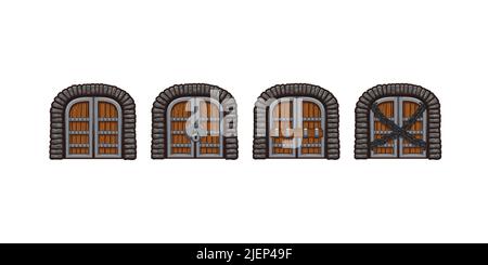 Porte in legno medievale in vecchia casa, castello o prigione. Vettore cartoon set di icone di gioco di antiche porte in legno con muro di pietra mattoni chiuso da lucchetto, nasp e catene isolate su sfondo bianco Illustrazione Vettoriale