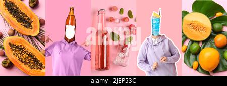Collage pazzo con gente alla moda, bibite rinfrescanti e frutta tropicale su sfondo rosa Foto Stock
