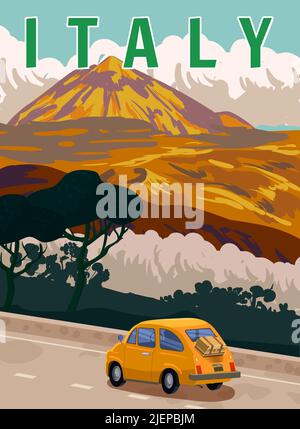 Poster retrò Italia. Auto da strada retrò, paesaggio romantico mediterraneo, montagne. Poster da viaggio retrò Illustrazione Vettoriale