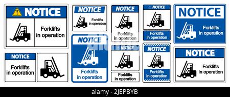 Avviso carrelli elevatori in funzionamento simbolo segno isolare su sfondo trasparente,illustrazione vettoriale Illustrazione Vettoriale