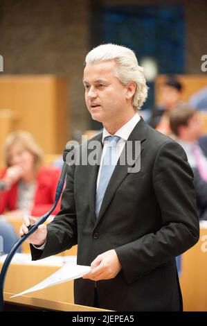 L'Aia, Paesi Bassi. Ritratto di Mister Geert Wilders, leader politico dell'ala destra e del partito Alt Right PVV durante il dibattito parlamentare nella 2nd Camera del parlamento olandese. Foto Stock