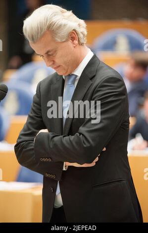 L'Aia, Paesi Bassi. Ritratto di Mister Geert Wilders, leader politico dell'ala destra e del partito Alt Right PVV durante il dibattito parlamentare nella 2nd Camera del parlamento olandese. Foto Stock