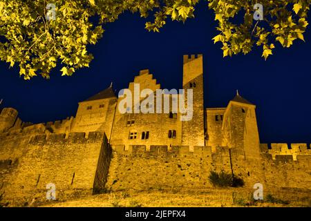 Vista delle mura di confine del borgo medievale di Carcassonne di notte Foto Stock