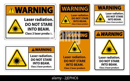 Avvertenza radiazione laser,non fissare il raggio,prodotto laser classe 2 Sign on white background Illustrazione Vettoriale