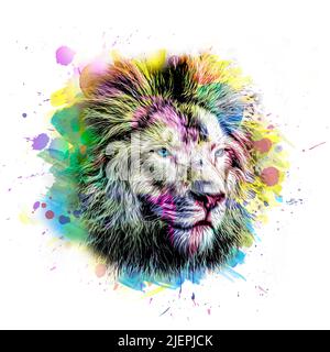 testa lion con elementi astratti creativi isolati su sfondo bianco, vista ravvicinata dell'arte a colori Foto Stock
