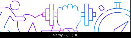 Fitness GYM relativa banner orizzontale o sfondo modello bordo inferiore. Illustrazione del vettore della linea a gradiente piatta isolata su bianco. Illustrazione Vettoriale