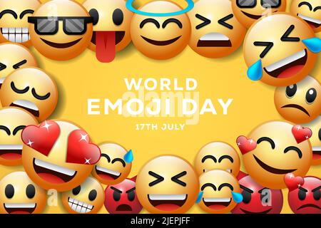 illustrazione di sfondo del giorno delle emoji del mondo con emoji diverse espressioni facciali Illustrazione Vettoriale