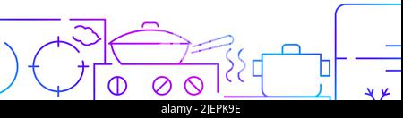 Cucina, banner orizzontale relativo agli utensili da cucina o sfondo del modello del bordo inferiore. Illustrazione del vettore della linea a gradiente piatta isolata su bianco. Illustrazione Vettoriale