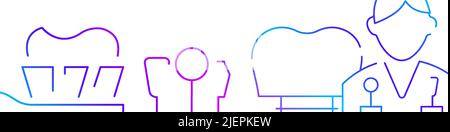 Odontoiatria, dentale relativo banner orizzontale o fondo bordo modello sfondo. Illustrazione del vettore della linea a gradiente piatta isolata su bianco. Illustrazione Vettoriale