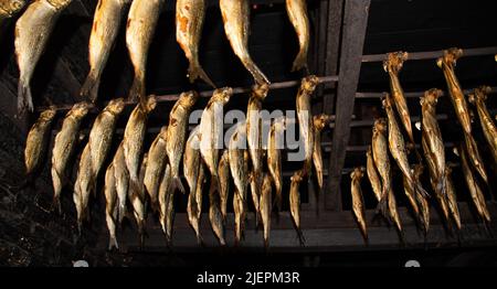 Enkhuizen, Paesi Bassi. Giugno 2022. Pesce affumicato nel forno a fumo. Foto di alta qualità Foto Stock