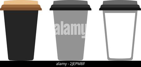 Set di illustrazioni vettoriali per la raccolta della tazza di caffè in carta e plastica. Modello per la take away dell'oggetto della bevanda a base di caffè. Illustrazione Vettoriale