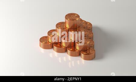 Piramide di monete metalliche Bitcoin su sfondo bianco. Foto Stock