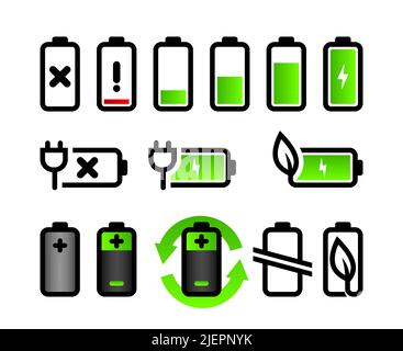 Icone della batteria vettoriale impostate. Livelli della batteria, icone di riciclaggio e di energia naturale su sfondo bianco isolato. Illustrazione Vettoriale